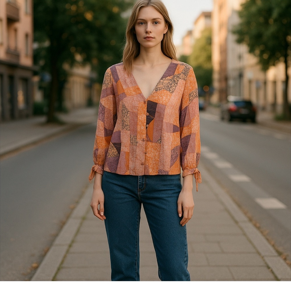 Lovstitch Patchwork V-Neck Top - Orange and Purple